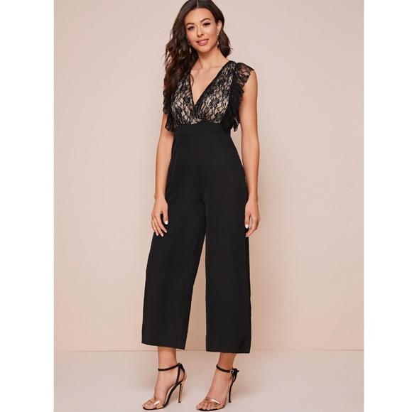 Lace Detail V-Neck Ruffle Trim Wide Leg Jumpsuit - Picture 2 of 8